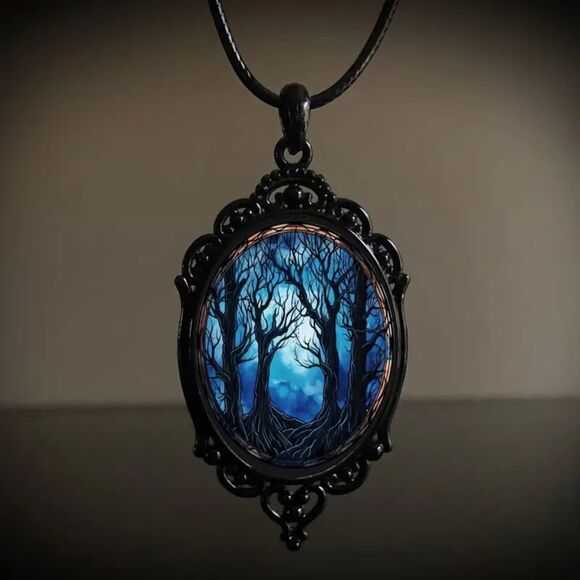 Night Tree of Life Pendant Necklace Large Retro Black Filigree Goth Statement - Picture 2 of 5
